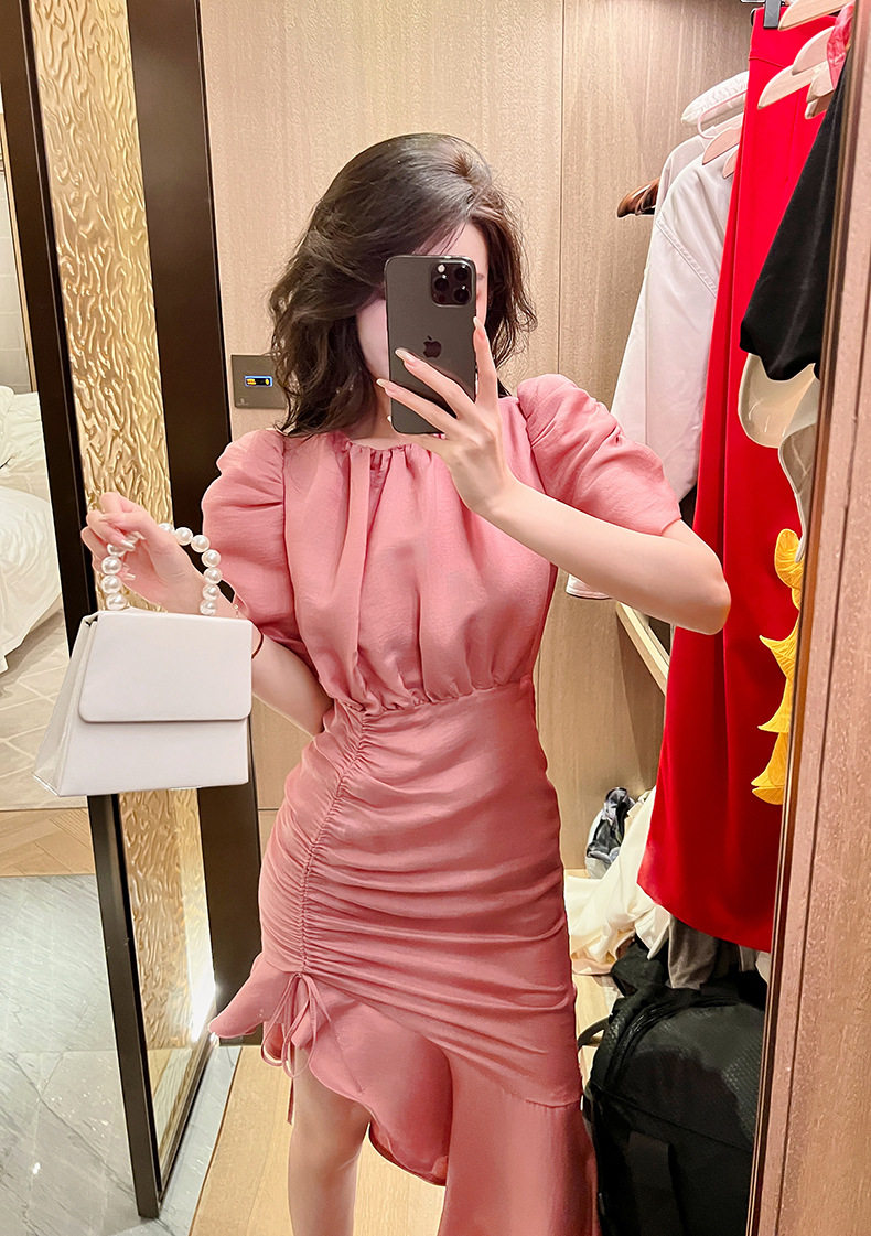 Đầm suông nữ midi cổ tròn tay bồng đuôi cá — [Hồng] chi tiết 11