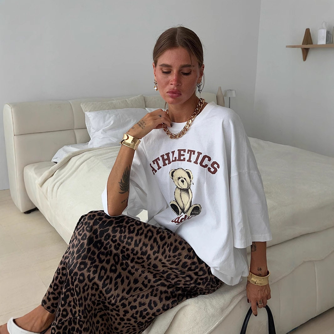 Womens Summer Loose Fit T Shirt Cute Bear Print Round Neck Short Sleeve 100 Cotton Casual Wear Wholesale