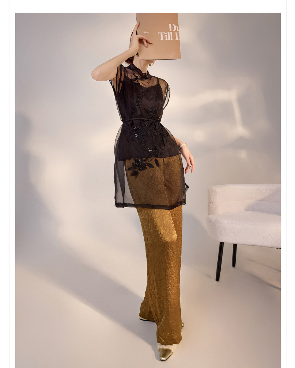 Áo gile nữ thêu họa tiết động vật cổ chữ V dáng thắt dây phối lụa organza