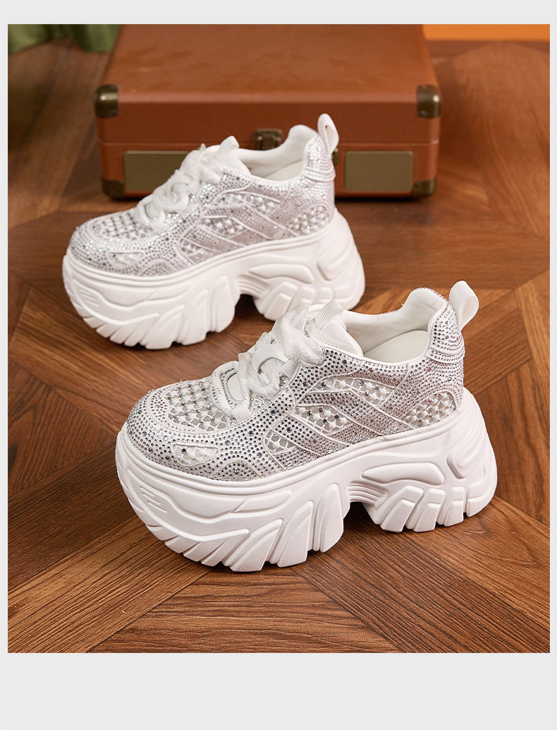 Giày cao gót nữ đế xuồng platform rhinestone lưới thoáng khí, gót siêu cao 8 cm — Bạc, Trắng, Đen chi tiết 18