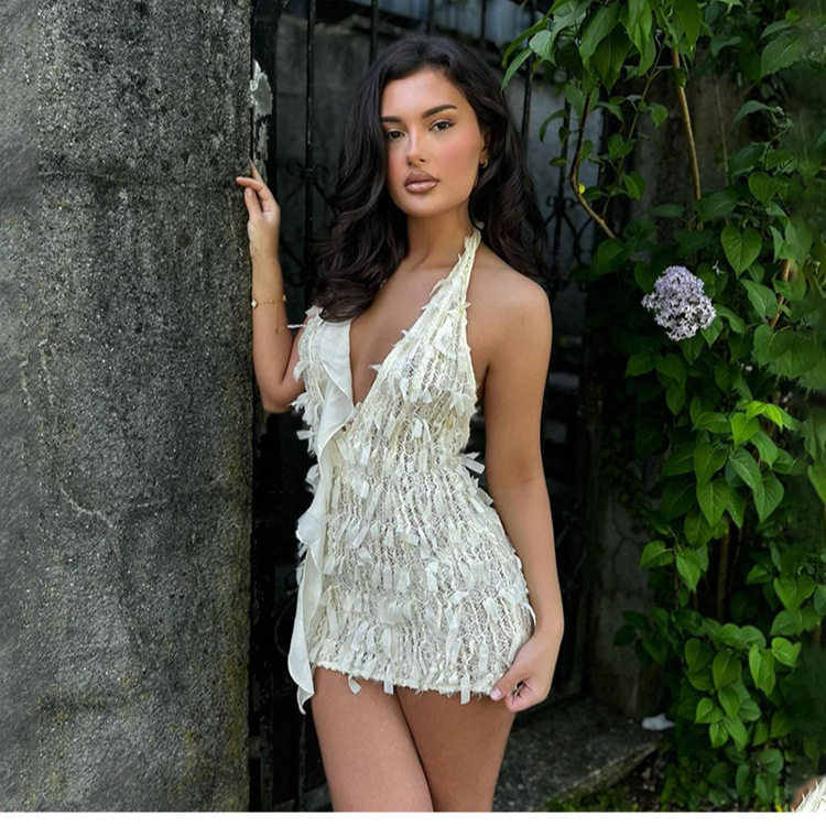 Sexy Backless Halter Bodycon Dress Deep V Neck Slim Fit Adjustable Tie Spring Summer Fashion Wholesale Available