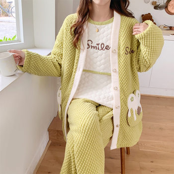 Warm flannel maternity pajamas autumn and winter three-piece confinement clothing coral fleece nursing postpartum homewear