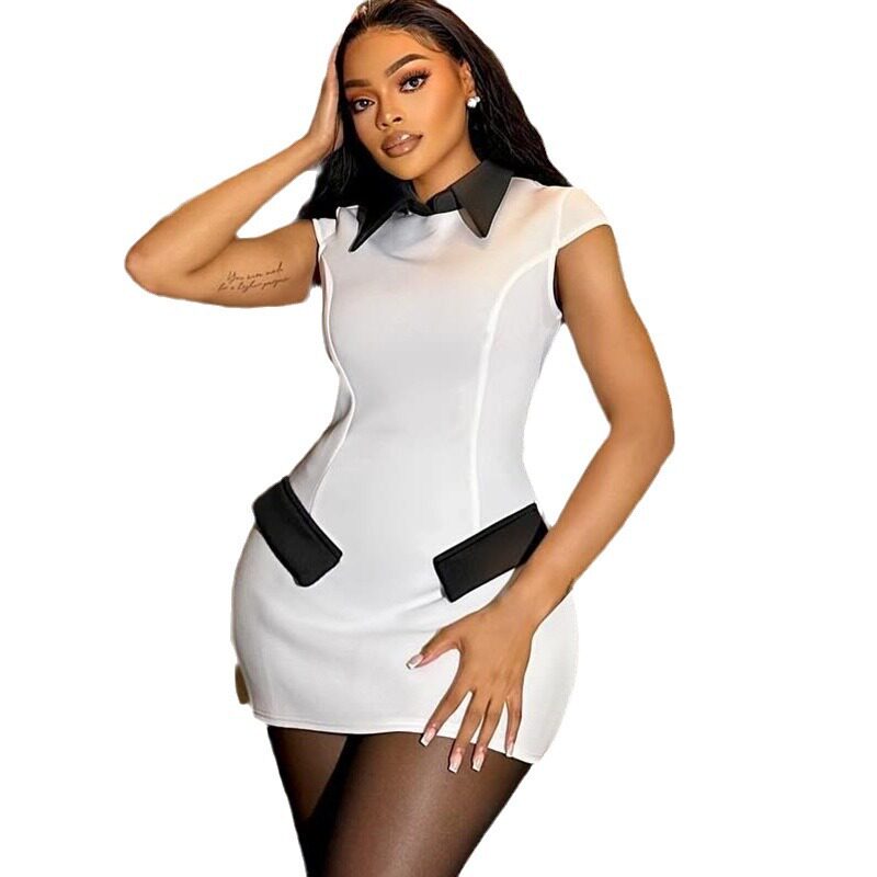 Color Block Bodycon Dress Short Sleeve Polo Collar Pocket Design Chic Casual Wear for Women Wholesale Available