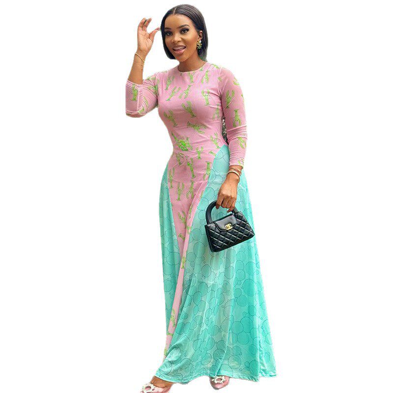 Floral Print A Line Dress Slim Fit Ruffled Round Neck Long Sleeve Elegant Casual Wear for Women OEM Available