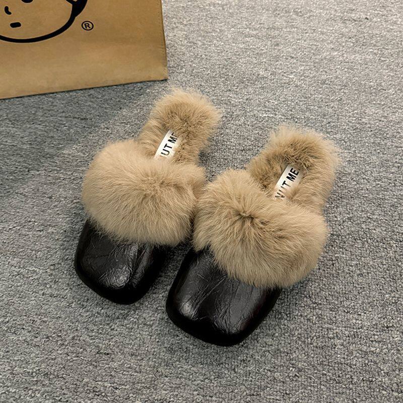 French Style Beautiful Baotou Autumn and Winter Maomao Slippers fleece-lined Women's Outside 2024 Flat New Mueller Lazy People Explosions Going Out