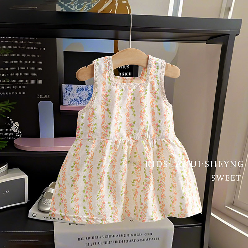 Gaun putri motif bunga penuh anak perempuan baru musim panas, gaya liburan manis, gaun tali