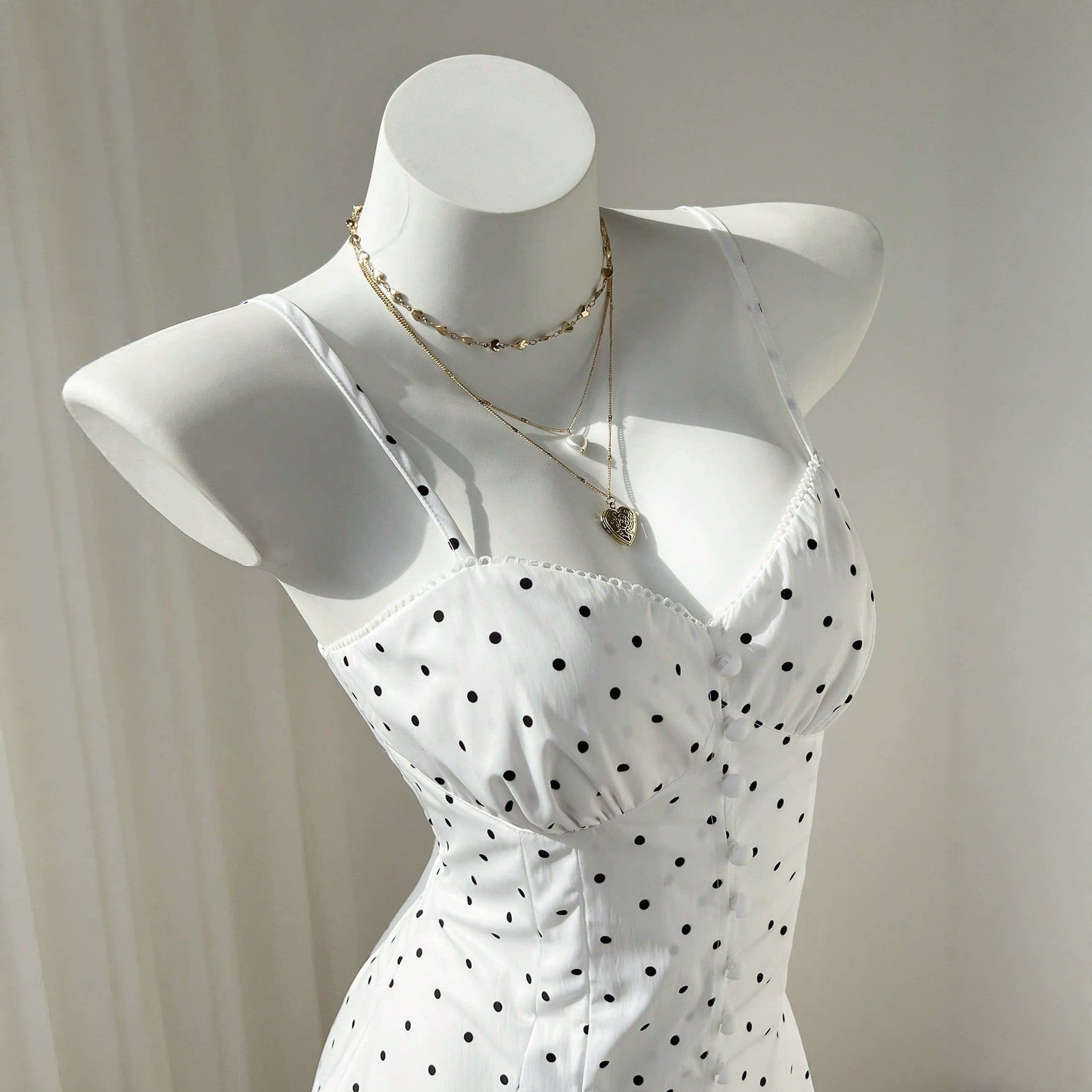 Sweet Polka Dot A Line Dress Adjustable Straps Waist Cinching Summer Style Ready to Ship Low MOQ