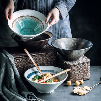 Japanese-style Ceramic Bowl Creative Ramen Bowl Household Soup Noodles Large Bucket Bowl Commercial Horn Bowl Tableware suit Wholesale