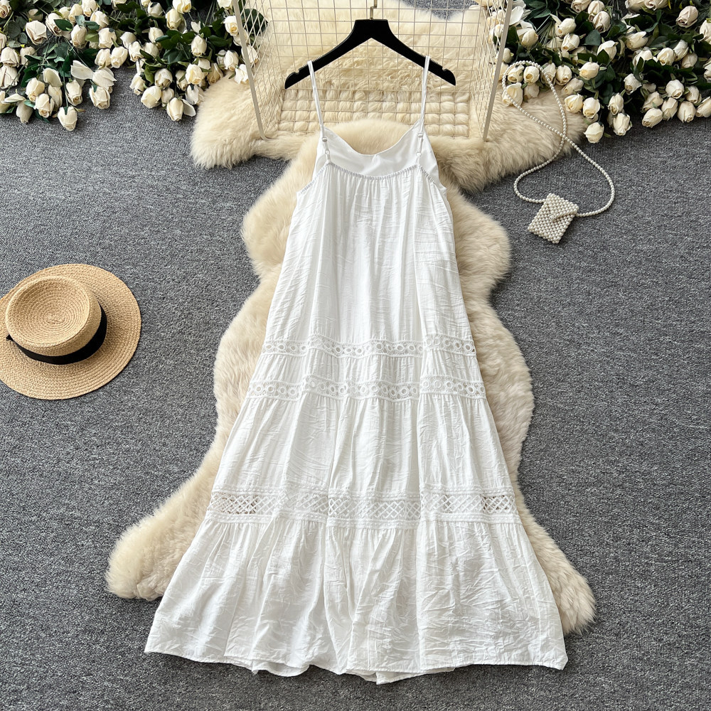 White Lace Embroidered Maxi Dress French Vacation Style Slim Fit Backless Summer Fashion Wholesale Available