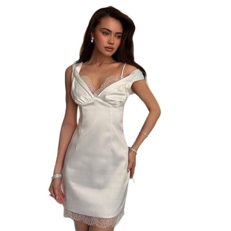 Summer French Style Satin Lace Spliced V Neck Slip Dress Slim Fit Elegant Short Length Perfect for Parties and Events