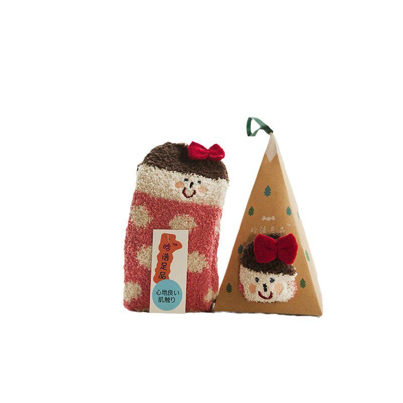 日系圣诞地摊袜子刺绣立体家居珊瑚绒卡通加厚毛巾地板半边绒女袜