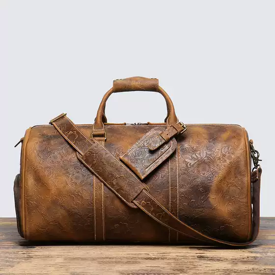 European and American Retro New Men's Genuine Leather Satchel Travel Bag Cowhide Shoulder Crossbody Bag Large Capacity Embossed Duffel Bag