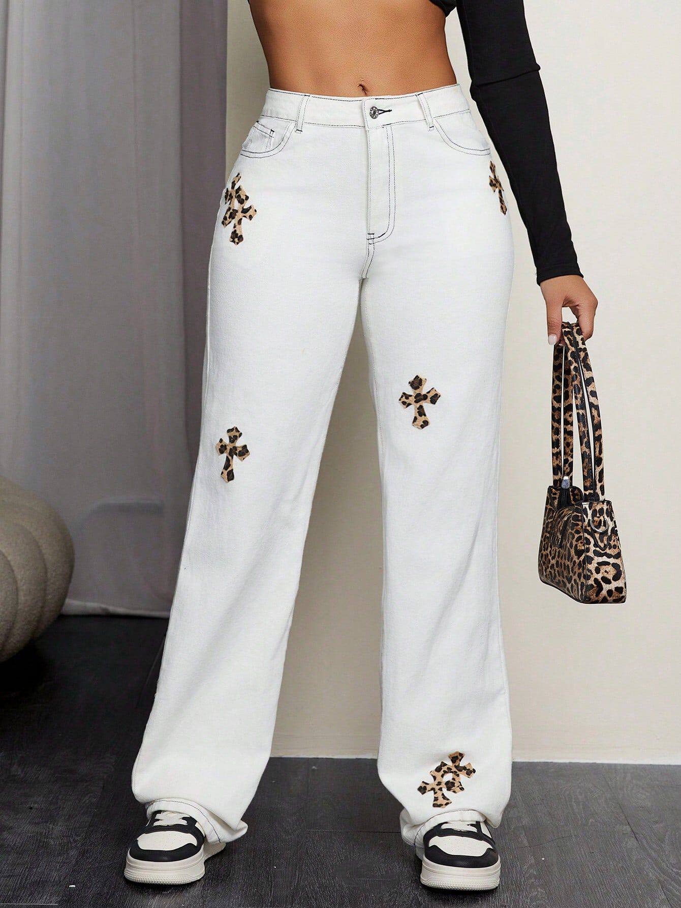Casual Leopard Print Straight Leg Jeans Womens Fashion European and American Style Perfect for Everyday Wear