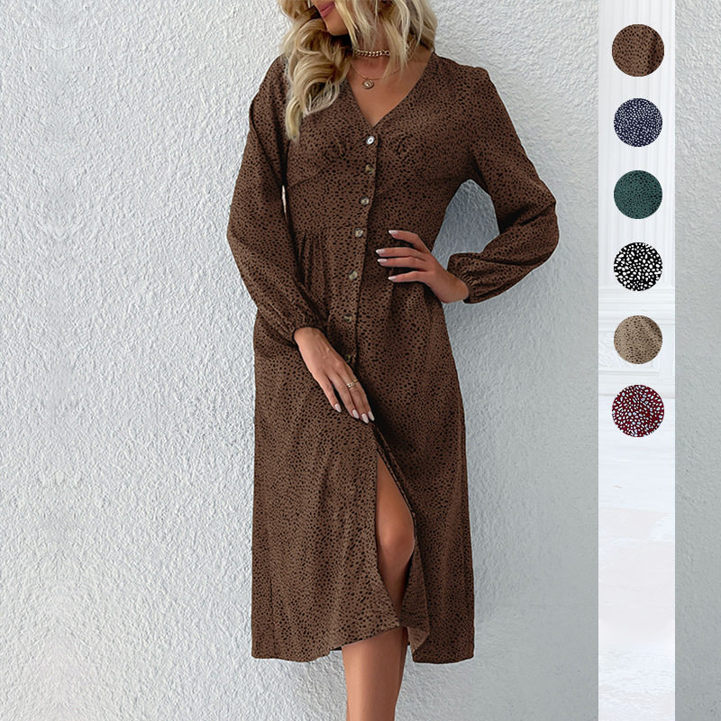 Fashionable Womens Long Sleeve Dress V Neck Single Breasted Elegant Design Autumn Wear Wholesale Available