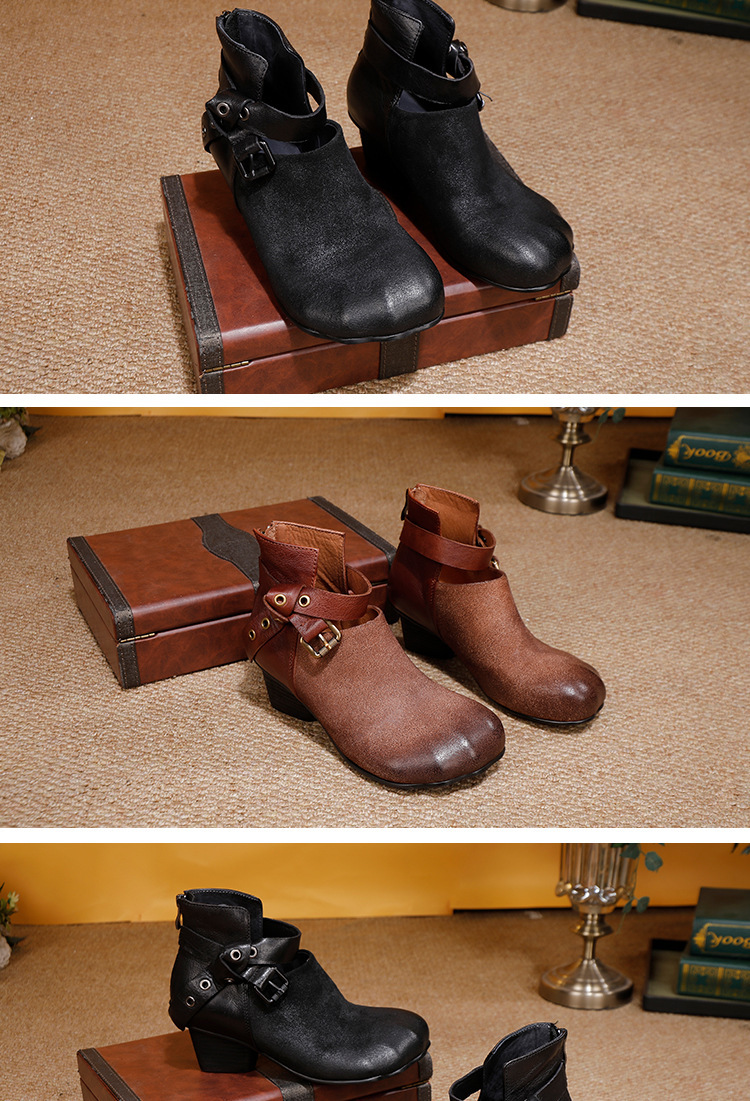 Boot nữ cổ thấp da bò thật gót thô khóa kéo sau mũi tròn — màu đen, Màu nâu cà phê