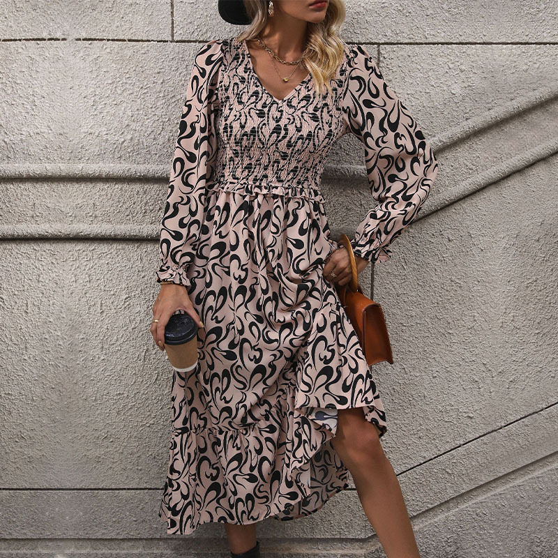 Vintage Inspired Long Sleeve V Neck Dress Abstract Print Casual Vacation Ready Wholesale Availability