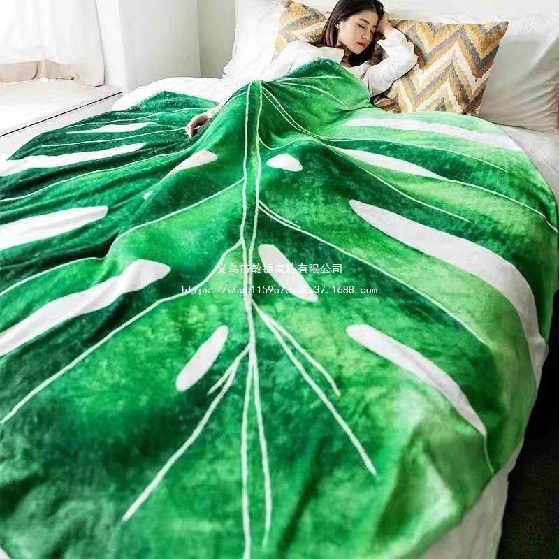 Green Large Leaf Flannel Printed Blanket Air Conditioning Cover Blanket Sofa Blanket Suitable for Bed Blanket Office Nap Blanket