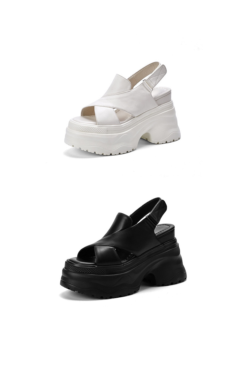 Sandal La Mã nữ quai ngang hở mũi đế dày tăng chiều cao, khóa dán tiện lợi — Màu đen, Màu trắng