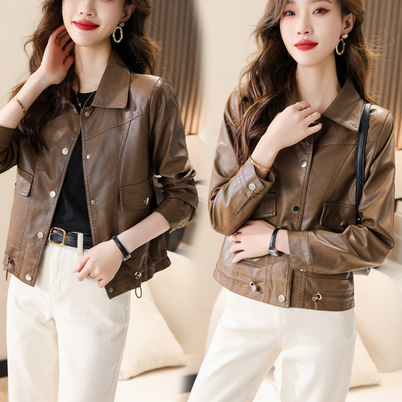 Áo Da Nữ Dáng Ôm Kín Cổ Hàng Mùa Xuân Thu Đông