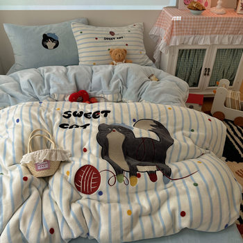 Towel Embroidered Milk Velvet Four-Piece Winter Thickeneded Coral Velvet Quilt Cover Bed Sheets Single Warm Dormitory Bedding Three-Piece Set