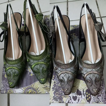 French Embroidered Letter Bow Toe Sandals Women's Summer New D-Pointed Kitten Heel All-Match High Heels