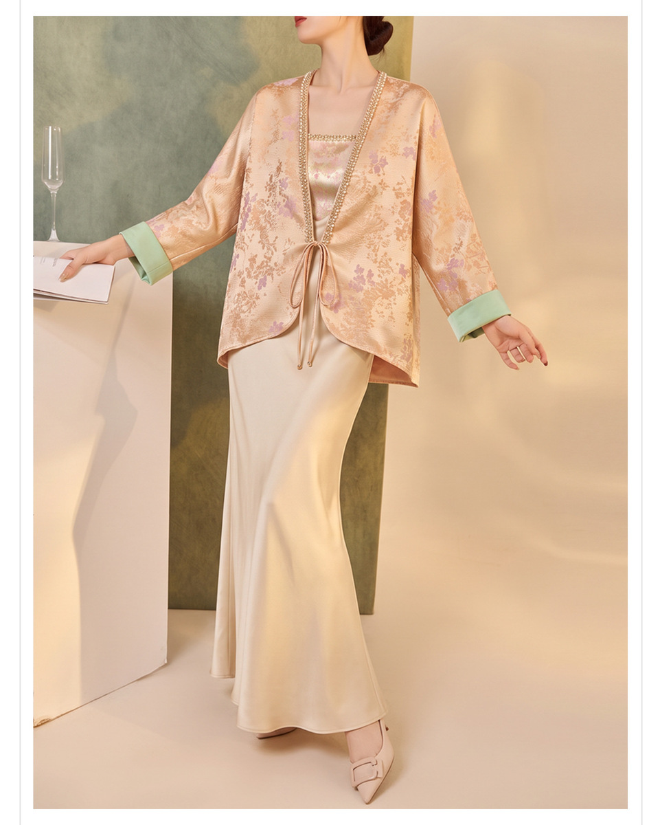 Bộ đầm nữ hai mảnh áo khoác cardigan dài tay buộc dây kèm váy hai dây dáng đuôi cá — Áo khoác (giao hàng trong 7 ngày), Váy hai dây (giao hàng trong 7 ngày), Bộ sản phẩm (giao hàng trong 7 ngày)
