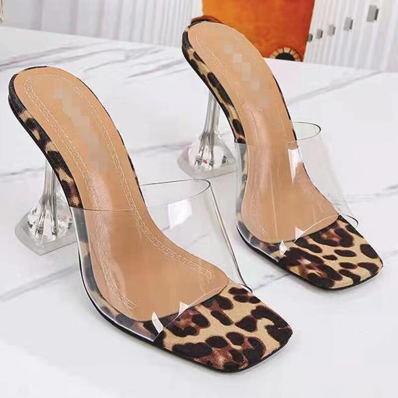 Europe and the United States foreign trade large size crystal slippers women wear one word transparent with leopard print hate sky high sandals women Wholesale