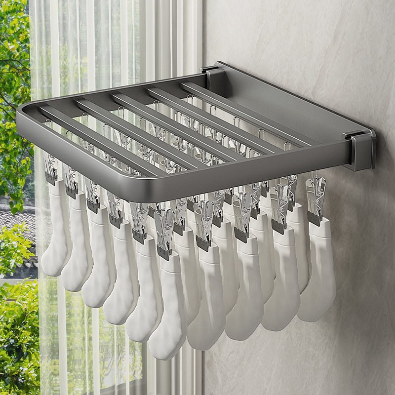 Folding Clothes Drying Rack Multi-Clip Wall-Mounted Sock Drying Artifact Home Balcony Windproof Intimates Baby Sock Rack