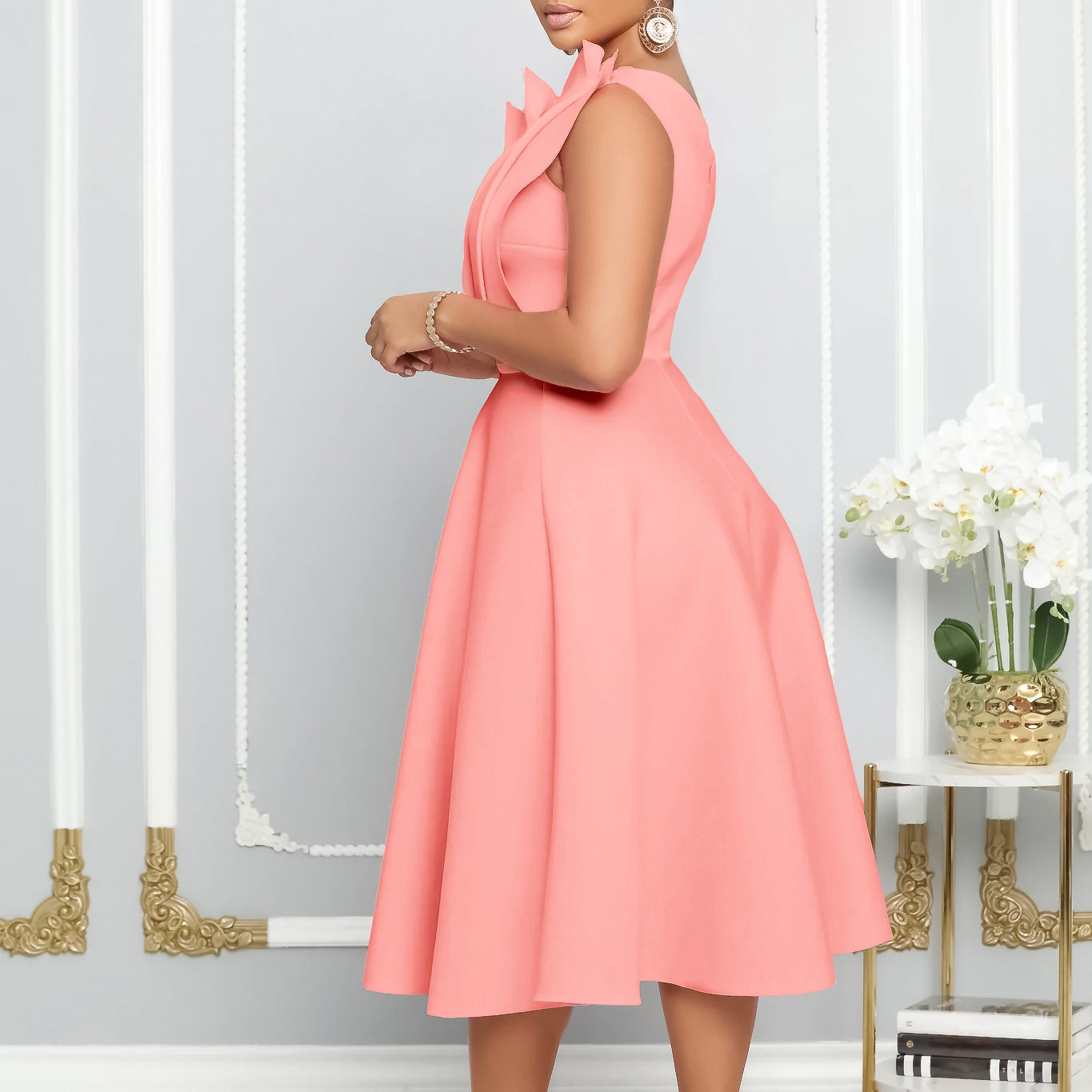 Plus Size Womens Summer Dress Sexy Asymmetrical Neckline High Waist Pleated Design Evening Party or Banquet Wear