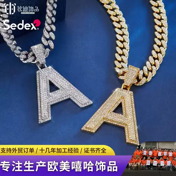 European and American best selling female English letter pendant personalized alloy rhinestone jewelry trendy hip-hop Cuban necklace men wholesale