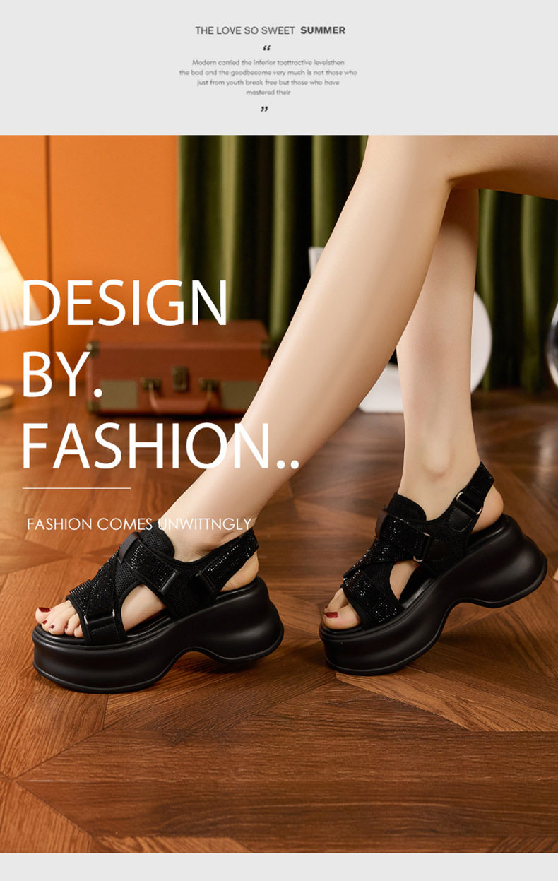 Dép sandal nữ quai chữ V đế PU mềm, dây Velcro tiện lợi — Len tinh khiết, Đen chi tiết 9
