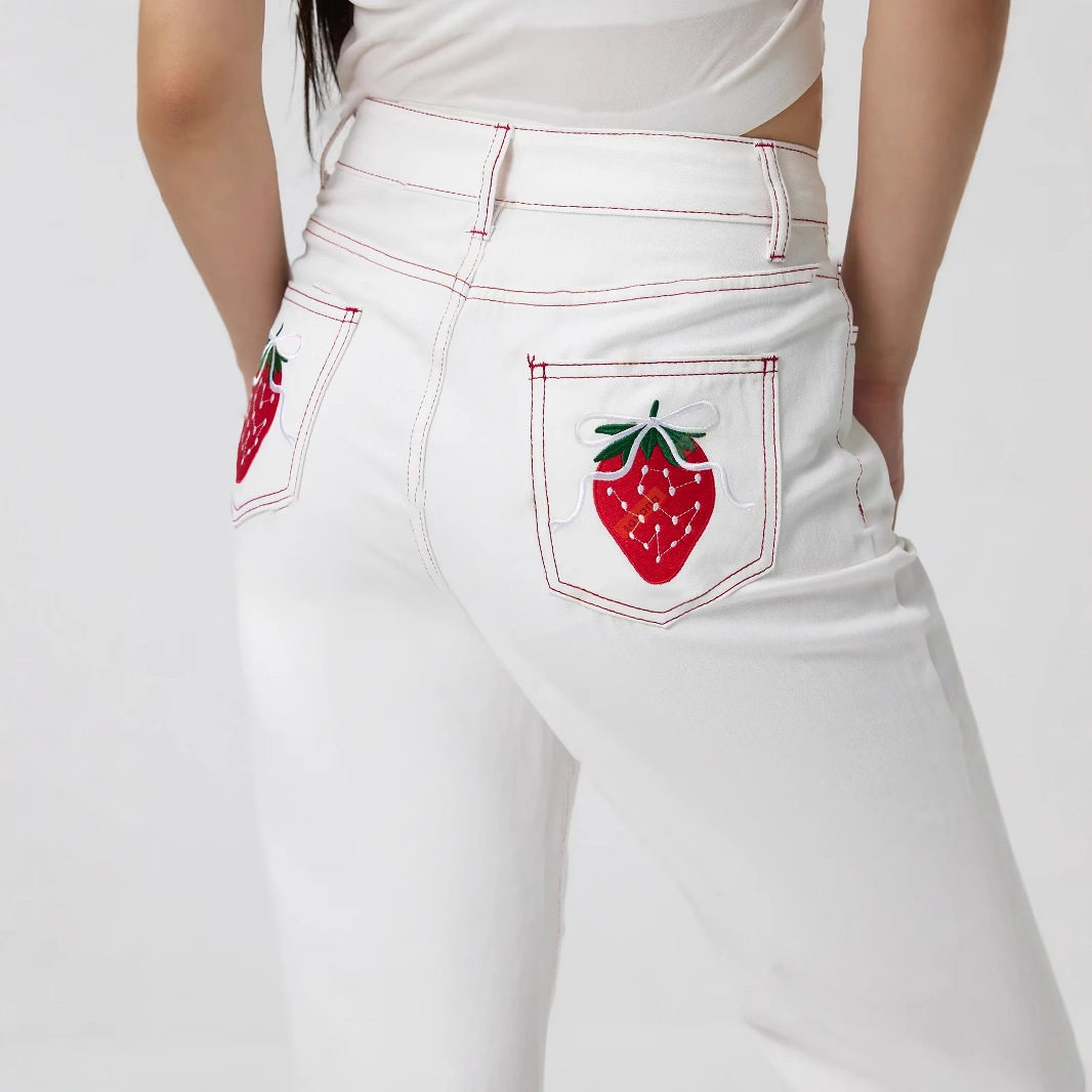 High Waisted Embroidered Denim Trousers Straight Leg Womens Fashion Casual Style Wholesale Available