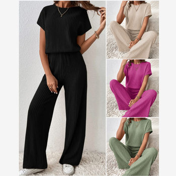 Cross-Border 2025 European and American New Women's Fashion Ribbed Knit Off-Shoulder Short-Sleeve Knit Suit Top and Pants Two-Piece Set