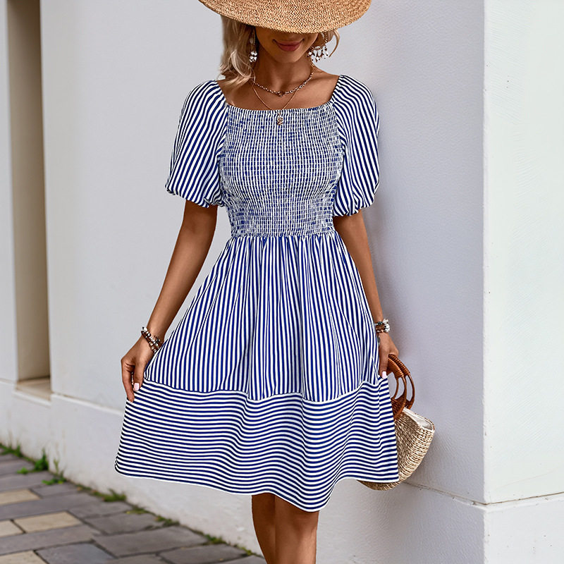 French Country Style Striped Dress Sweet Square Neck Puff Sleeves Lightweight Fabric Perfect for Spring Summer Events