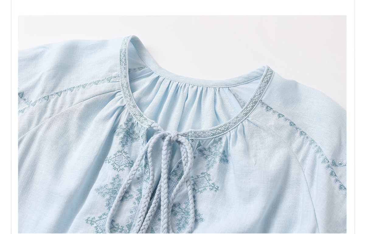 Áo sơ mi nữ linen dài tay thêu họa tiết dáng rộng — Màu trắng be, Màu xanh đậm, Màu xanh lam nhạt