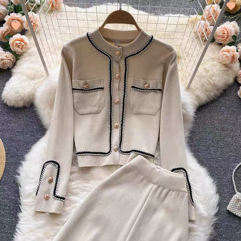 Light and Sophisticated Style Knitted Suit for Women in Autum New Design Single-Breasted Cardigan High-Waist Slimming Wide-Leg Pants Two-Piece Set