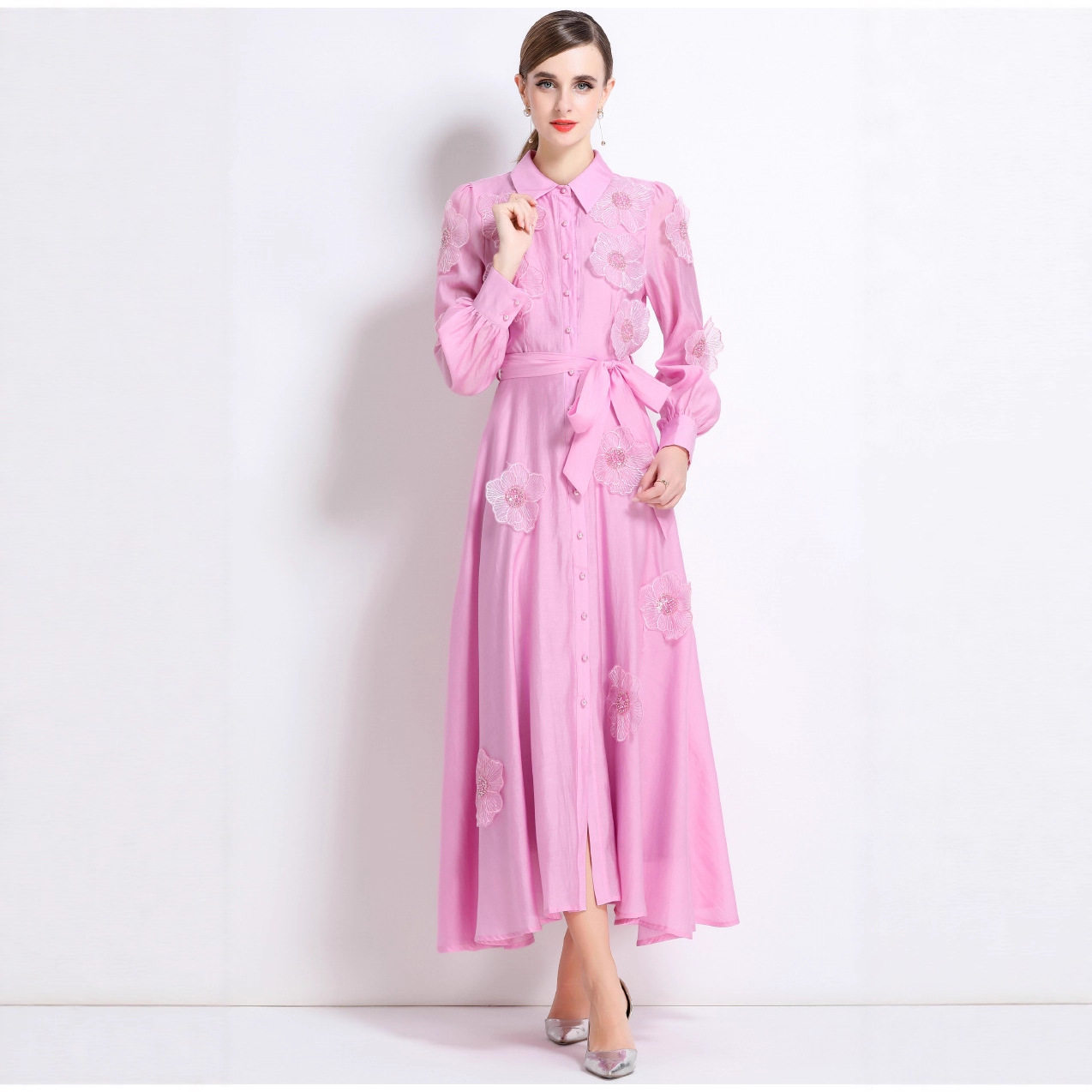 French High End Beaded Floral Long Sleeve Dress Slim Fit Waist Tie Button Closure Autumn Fashion for Women