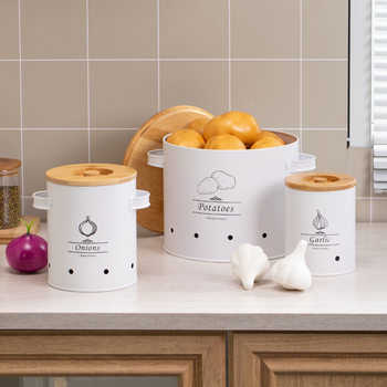 Cross-border Bamboo Lid Vegetable and Fruit Preservation Box Kitchen Potato Onion Garlic Storage Tank suit Potato Storage Barrel Metal
