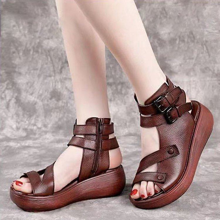 High Heel Fashion Women's Shoes 2025 Summer New Style Roman Shoes Women's High-top Soft Leather Wedge Sandals Women's Thick Sole Sandals