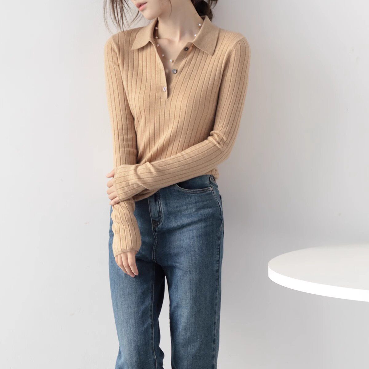 MZOXMO气质polo领优雅大方澳洲美丽诺羊毛竖条纹针织衫女春秋毛衣