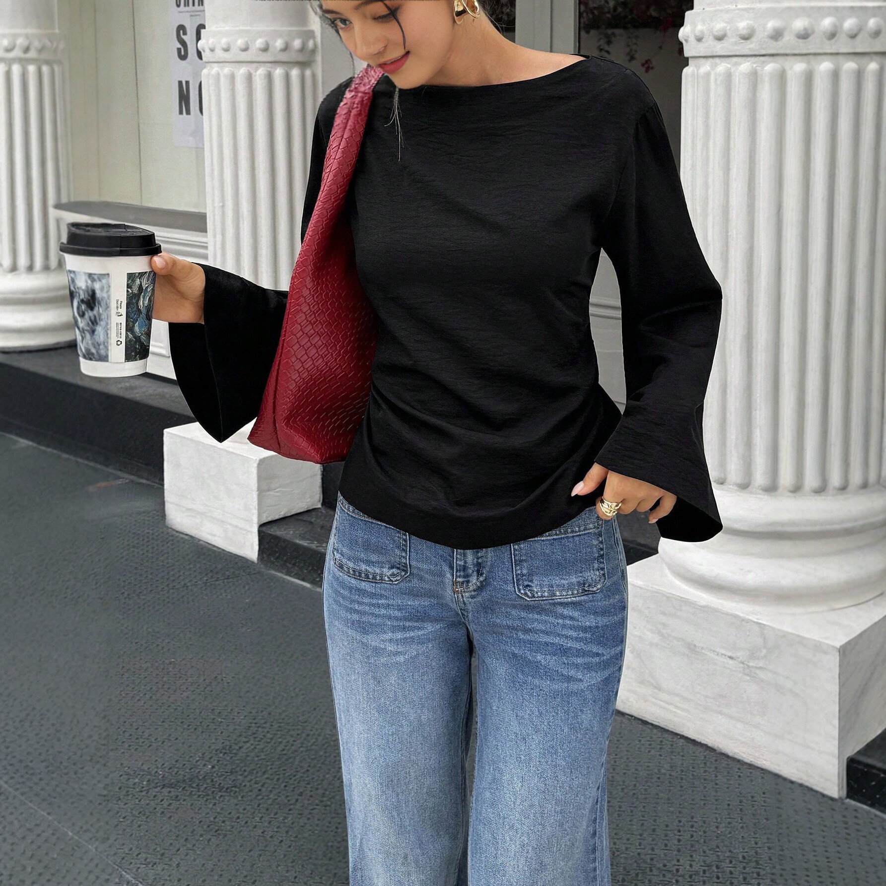 Womens Flared Sleeve T Shirt Back Tie Design Slim Fit Elegant Style Perfect for Casual Outings Wholesale Available