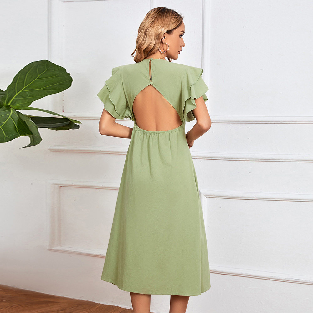 V Neck A Line Dress Sexy Backless Design Mid Length Spring Summer Collection Wholesale Womens Fashion Apparel