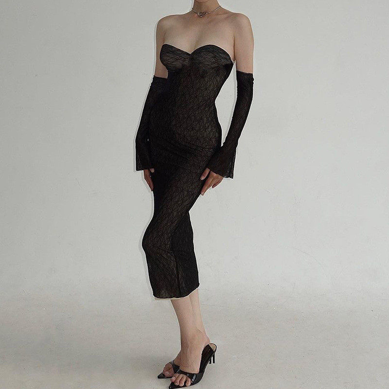 Summer Lace Strapless Bodycon Dress Elegant Fit Sexy Design with Sleeves Perfect for Parties and Night Out