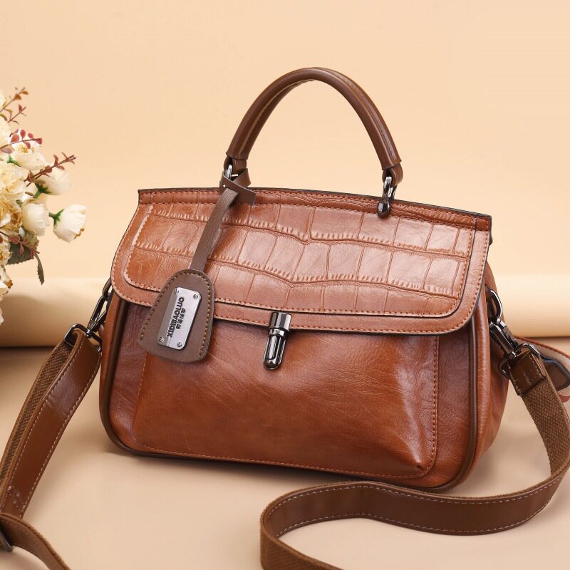 Túi Xách Nữ Tay Cầm Da Bóng Dập Vân Cá Sấu Đeo Vai, Đeo Chéo Phong Cách Retro Màu Nâu, Xanh, Đen