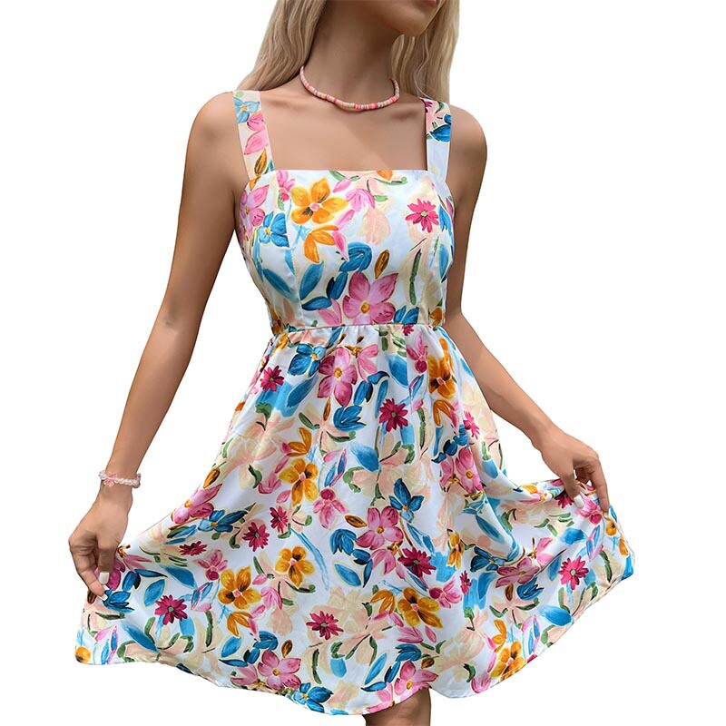 Summer Floral Print Midi Dress Colorful Design French Country Style Adjustable Straps Perfect for Casual Outings