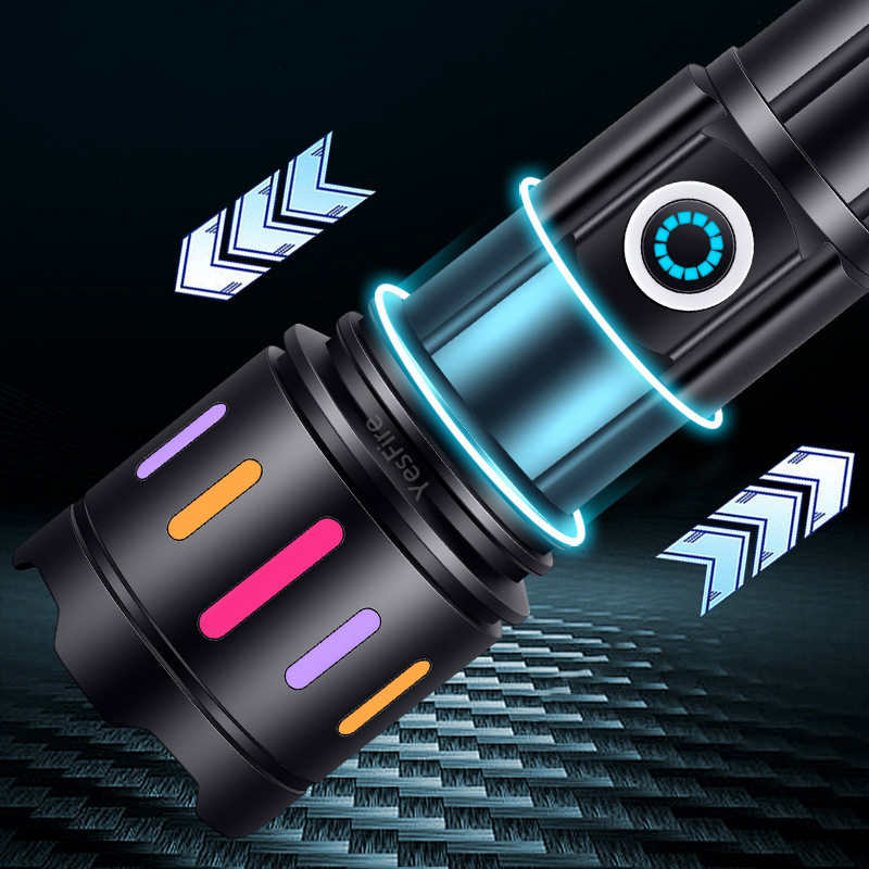 Type-C Rechargeable Strong Light Zoom Multifunctional Flashlight Lithium Battery Long Life Fluorescent Strip Digital Display White Laser Flashlight