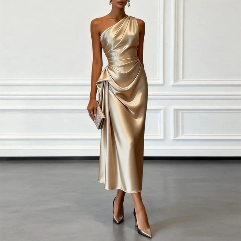 Elegant Womens Evening Dress High End Luxury Pleated Design Waist Cinching Perfect for Parties and Formal Events