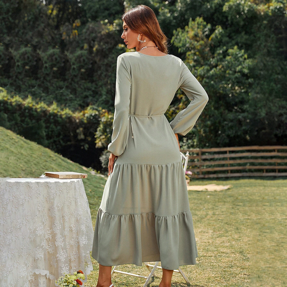 Casual Loose Fit Long Sleeve Ruffle Hem Dress Waist Defined Elegant Style Spring Summer Collection Wholesale Available