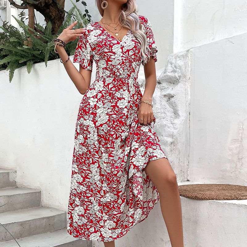 Floral Print V Neck Dress Sweet Bohemian Style Summer Vacation Wear Available in Various Sizes Wholesale Options