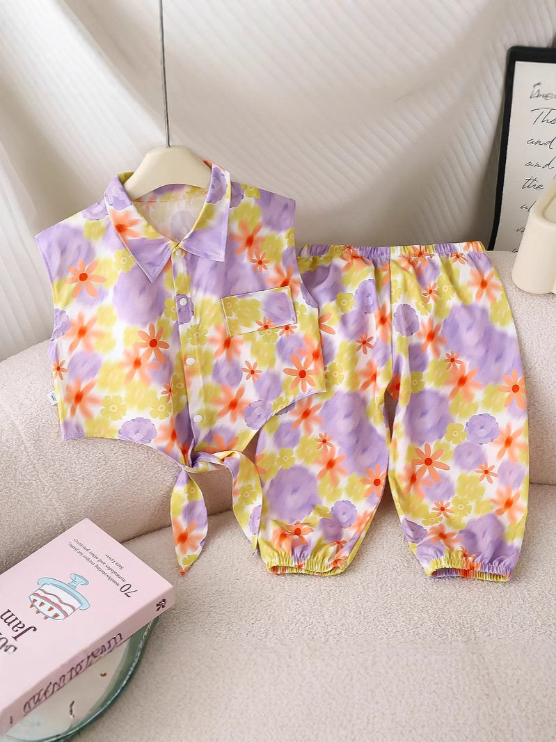 Nuovo set canotta fresca stampata bambine, estivo carino stile pastorale outfit pantaloni anti-zanzare rinfrescante